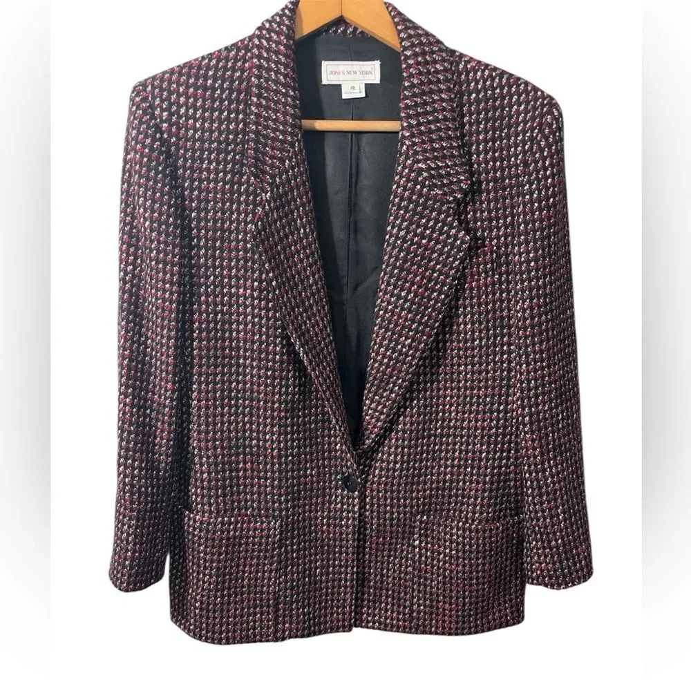 Vintage Jones New York Houndstooth blazer Wool Red Black size 12 career 80s 90s
